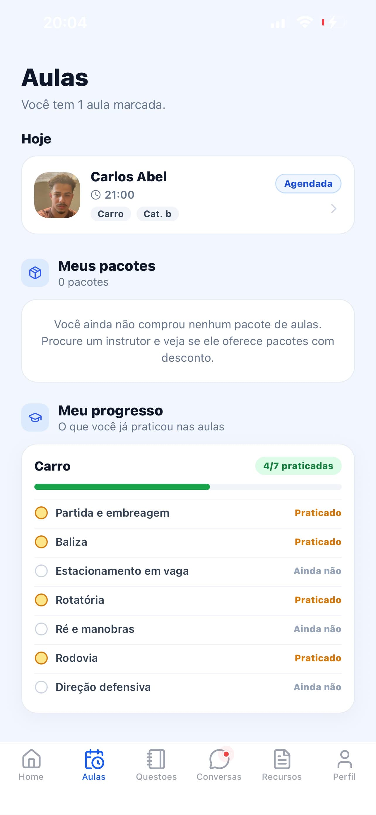 Tela de Aulas do app iTrevo, com aula agendada e progresso