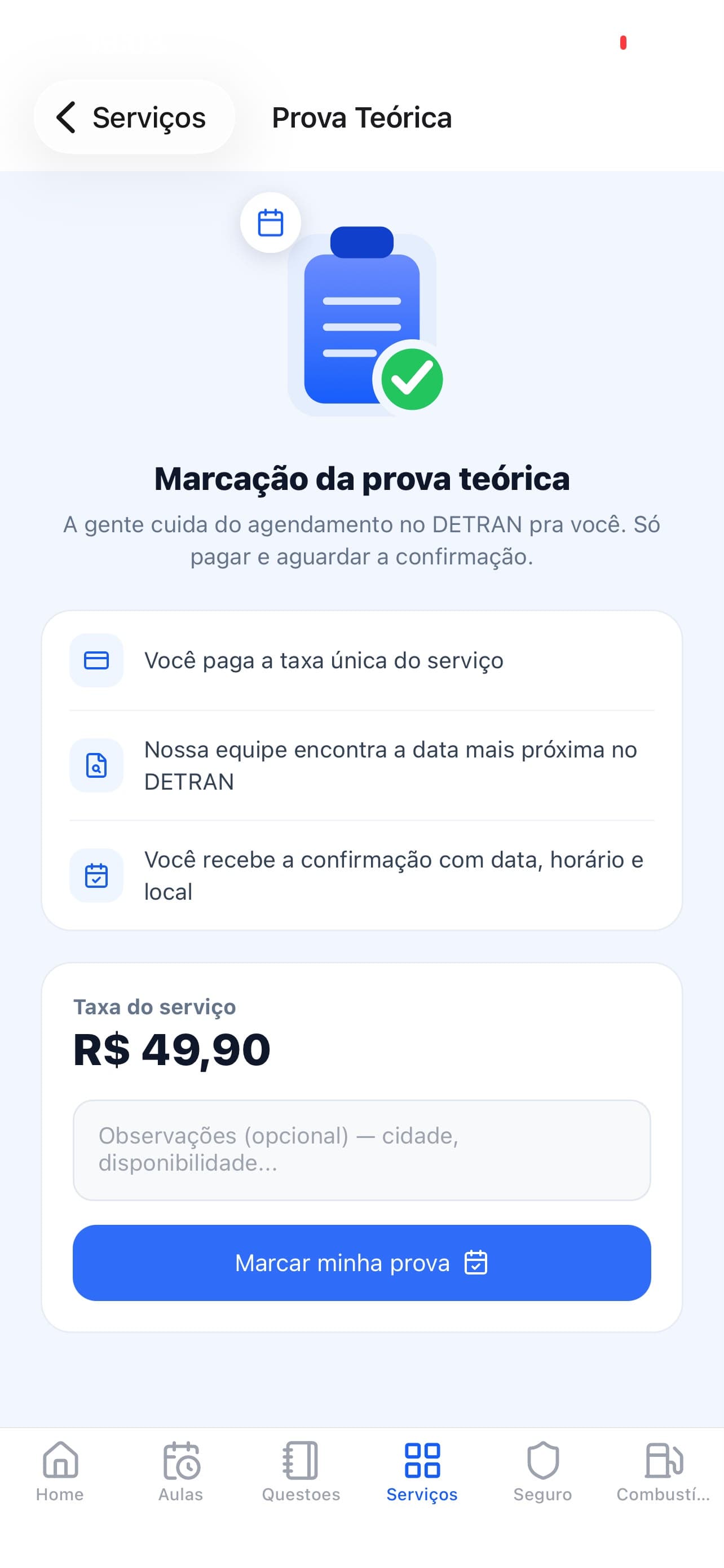 Tela de marcação da Prova Teórica do app iTrevo
