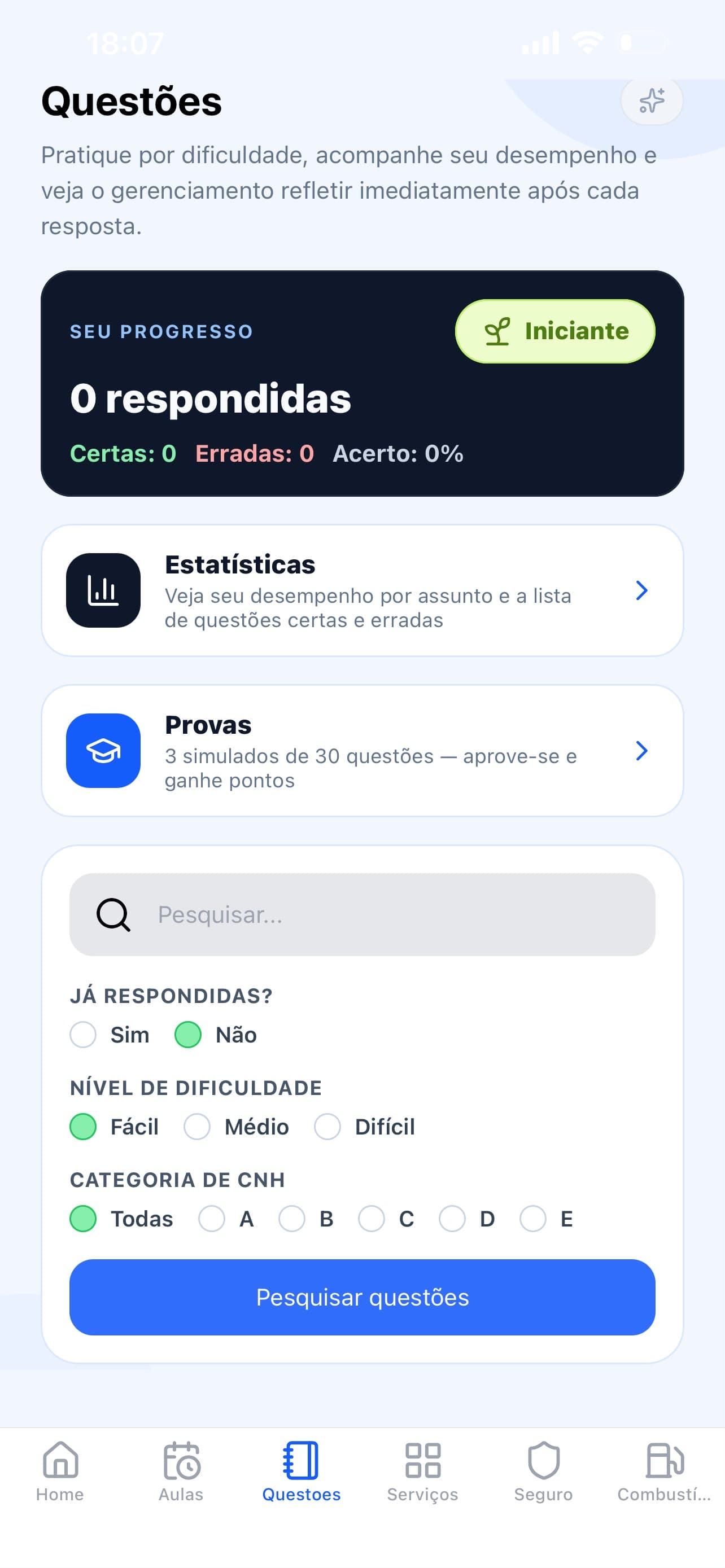 Tela de Questões do app iTrevo, com progresso e simulados