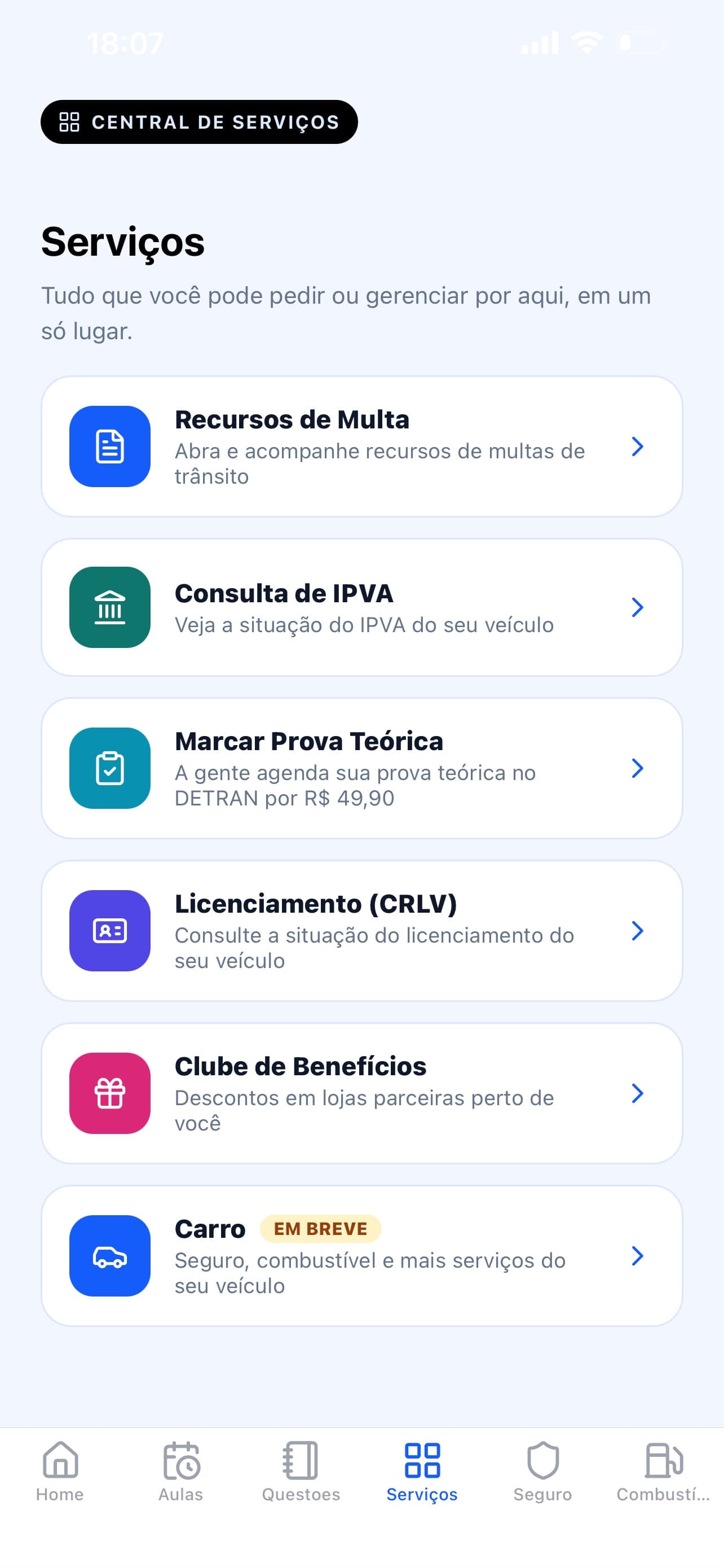 Tela de Serviços do app iTrevo